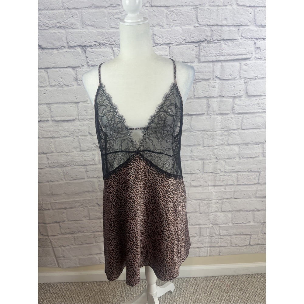 Victoria's Secret NWT Sexy Black Lace Leopard Print Chemise Slip Lingerie XL